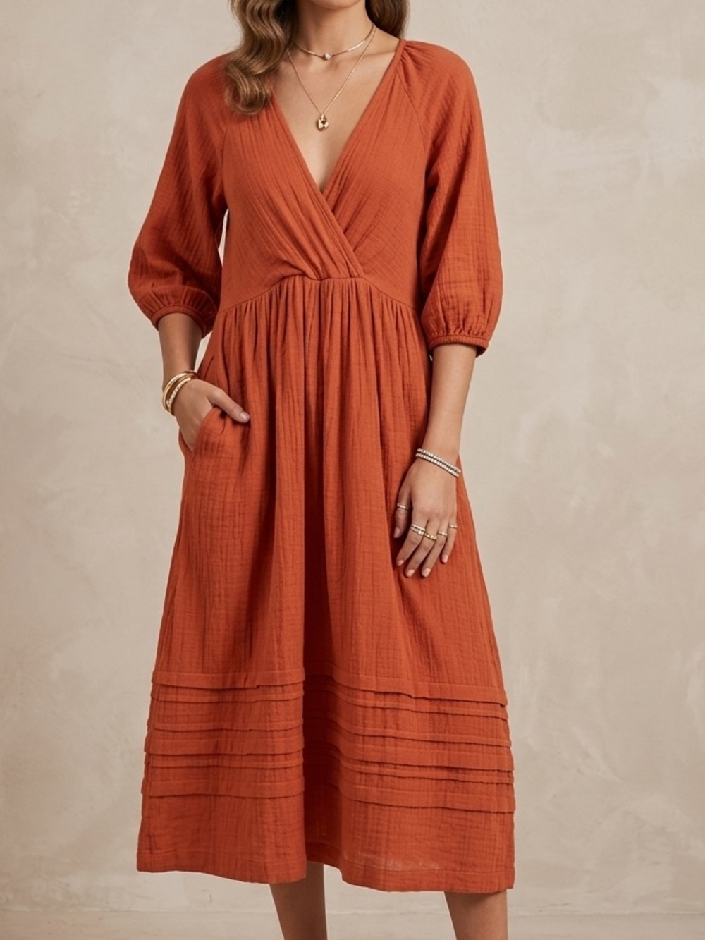 Madewell Burnt Orange Surplice V-Neck Pintuck Midi Dress XS Pockets - Picture 1 of 11